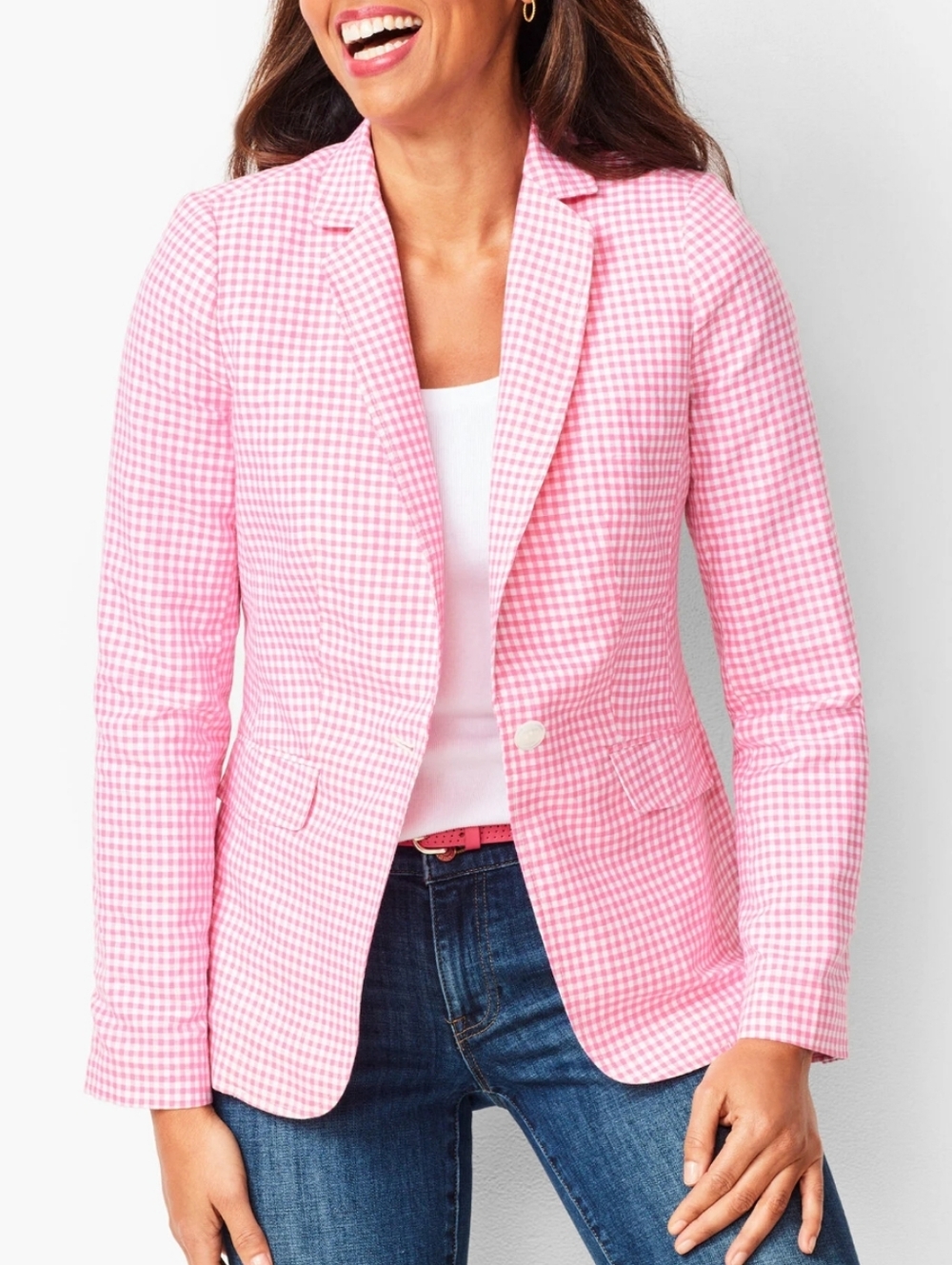 Talbots Womens Blazer Pink & White Plaid Buttons Long Sleeve Sz 2P